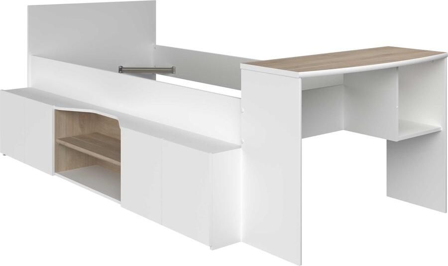 Vente-unique Combinatiebed 90 x 190 200 cm met bureau en opbergruimte Wit en houtlook JOCHIANE L 115.9 cm x H 90 cm x D 240.6 cm - Foto 11