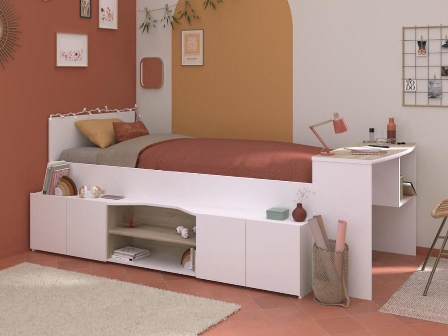 Vente-unique Combinatiebed 90 x 190 200 cm met bureau en opbergruimte Wit en houtlook JOCHIANE L 115.9 cm x H 90 cm x D 240.6 cm - Foto 6