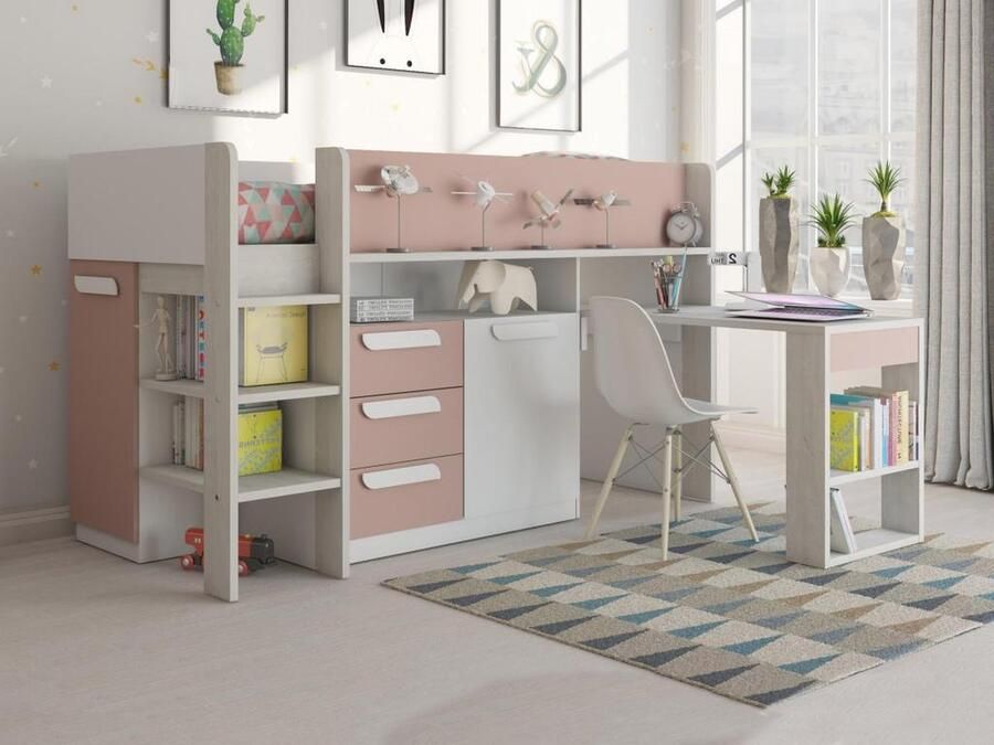 Vente-unique Hoogslaper 90 x 200 cm Met bureau en opbergruimte Roze naturel en wit + matras LOUKALA L 207 cm x H 131.5 cm x D 193.8 cm - Foto 3