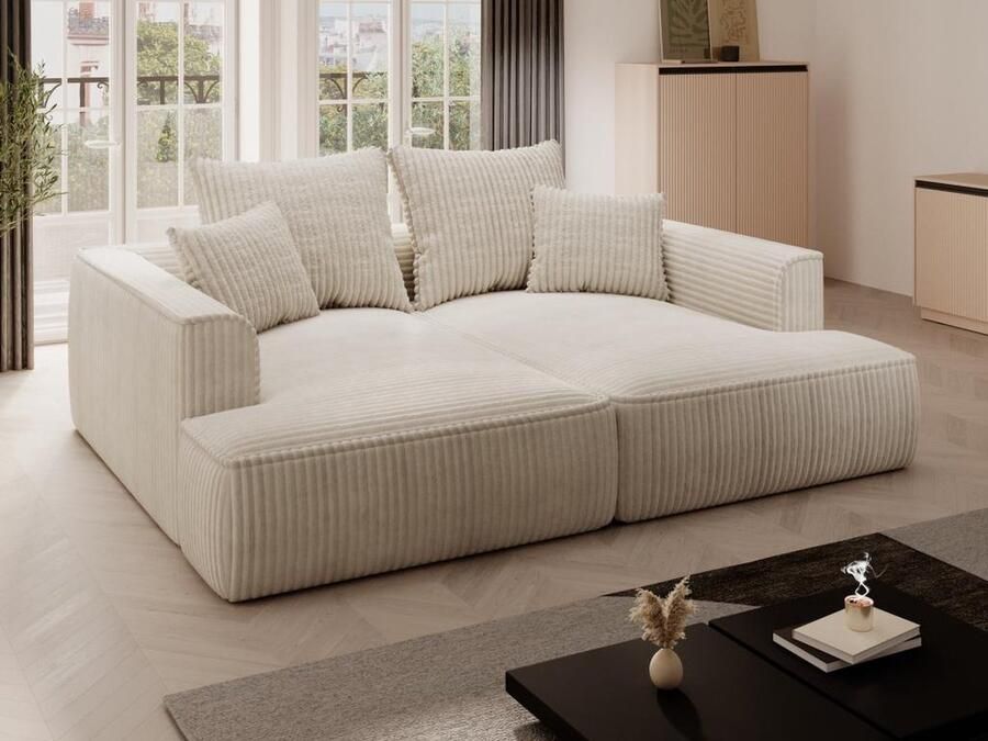 Vente-unique Comfortabele driezitsbank met diepe zitting van beige ribfluweel met brede ribbels PINETA L 230 cm x H 67 cm x D 180 cm