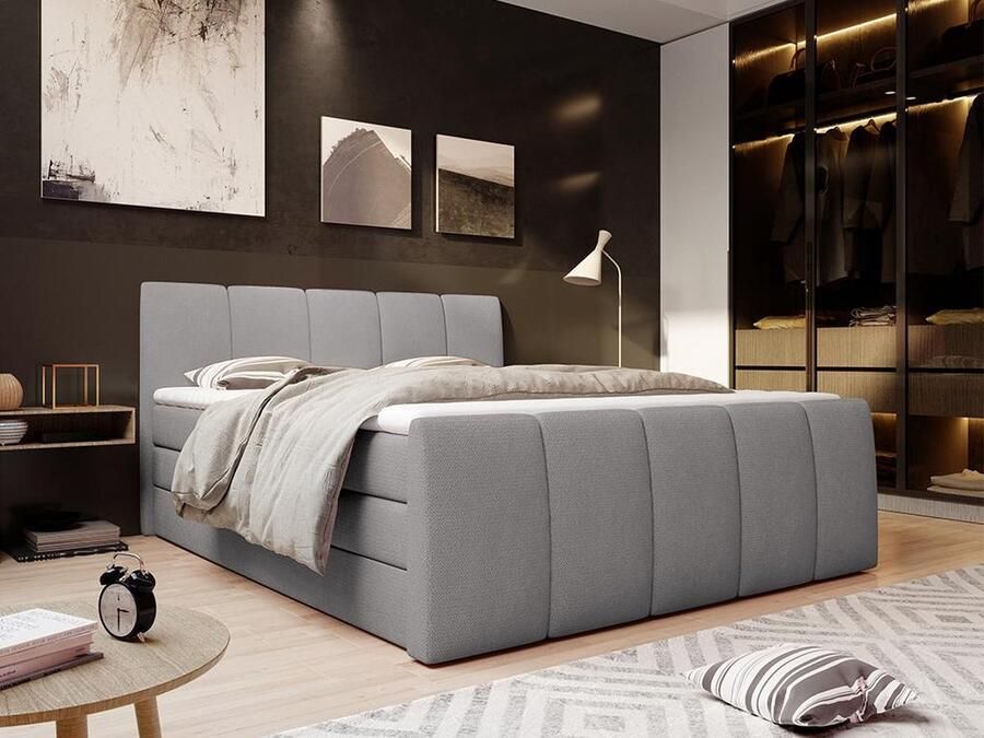 Vente-unique Complete set boxspring met verstelbaar hoofdeinde + bedbodem-kist + matras + dekmatras VERONE lichtgrijs 160x200 cm L 222 cm x H 111 cm x D 169 cm