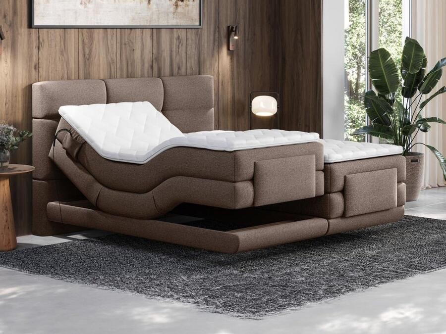 Vente-unique Complete set van boxspring met gecapitonneerd hoofdbord en elektrische relaxbedbodems – Met matras en topmatras – 2 x 90 x 200 cm – Stoffen bekleding – Bruin – LODI van PALACIO L 215 cm x H 118 cm x D 188 cm