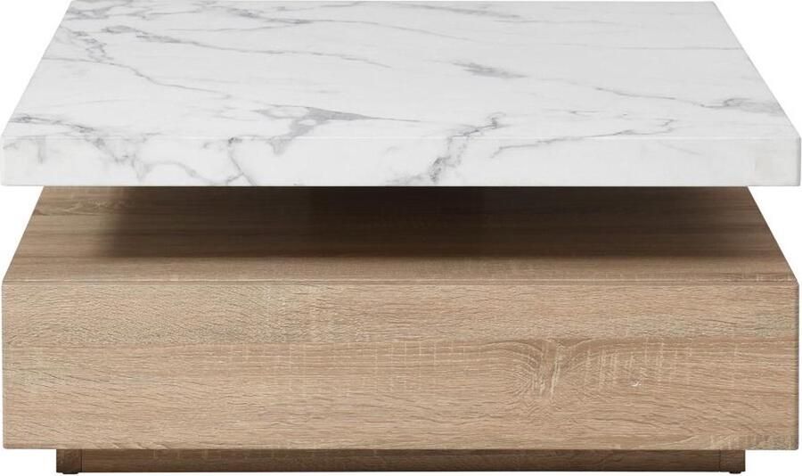 Vente-unique Draaiende salontafel met 1 lade in MDF Zwarte marmerlook en houtlook KYRIA L 80 cm x H 36 cm x D 80 cm