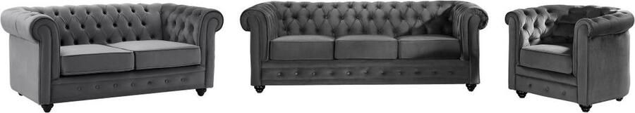 Vente-unique Drie- en tweezitsbank en fauteuil van antracietkleurig velours CHESTERFIELD L 205 cm x H 72 cm x D 88 cm