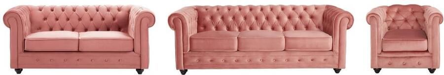 Vente-unique Drie- en tweezitsbank en fauteuil van pastelroze velours CHESTERFIELD L 205 cm x H 72 cm x D 88 cm