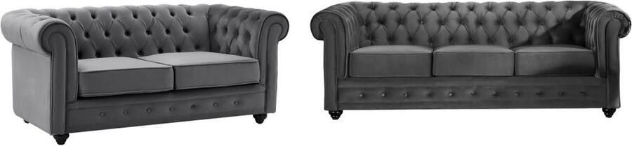 Vente-unique Drie- en tweezitsbank van antracietkleurig velours CHESTERFIELD L 205 cm x H 72 cm x D 88 cm