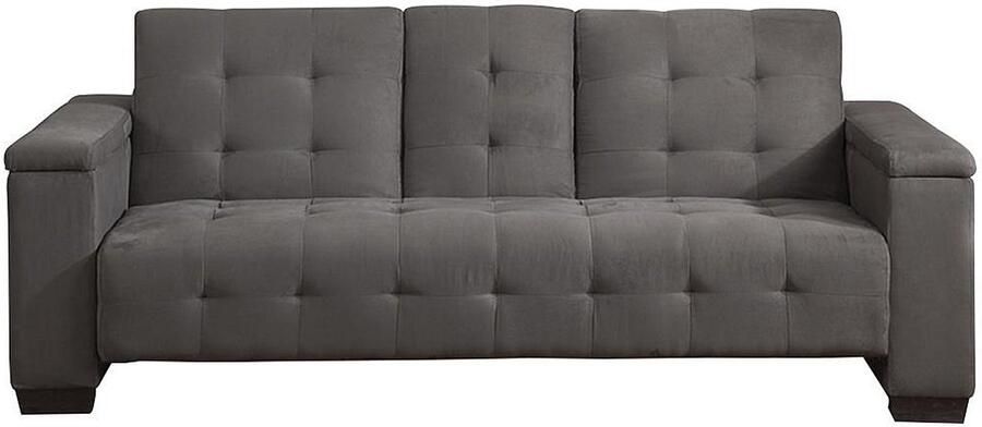 Vente-unique Driezits bedbank van microvezel DEVONSHIRE met centraal inklapbaar tafeltje grijs L 218 cm x H 88 cm x D 94 cm - Foto 4