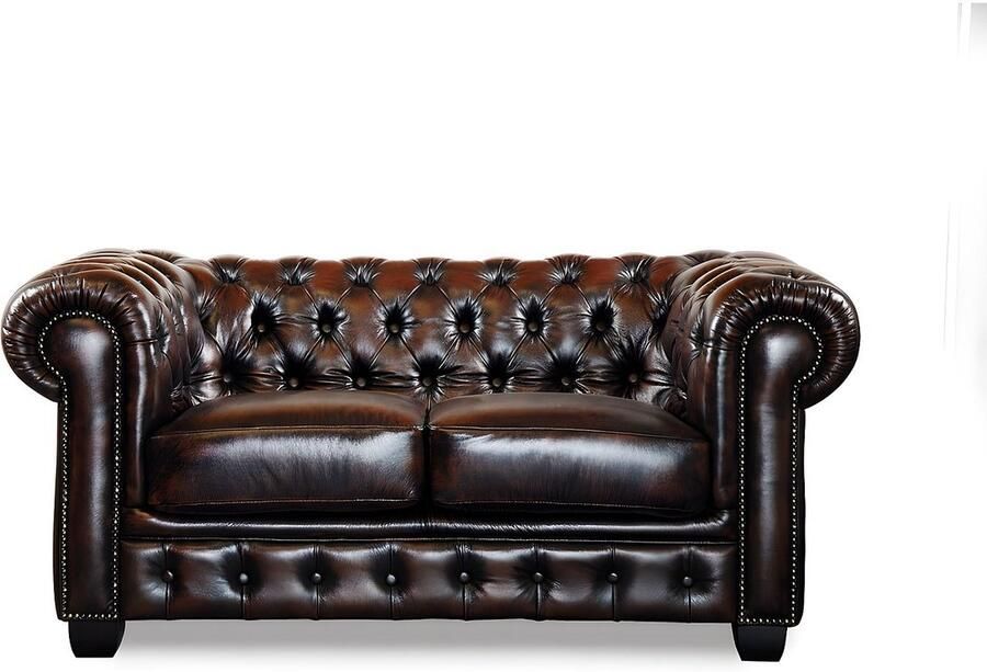 Vente-unique Driezits- en tweezitsbank Chesterfield BRENTON 100% buffelleer bruin tinten L 201 cm x H 73 cm x D 96 cm - Foto 2