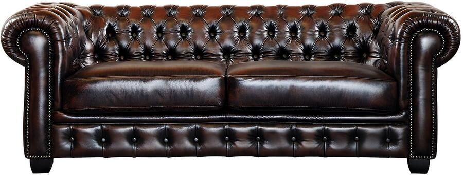 Vente-unique Driezits- en tweezitsbank Chesterfield BRENTON 100% buffelleer bruin tinten L 201 cm x H 73 cm x D 96 cm - Foto 4