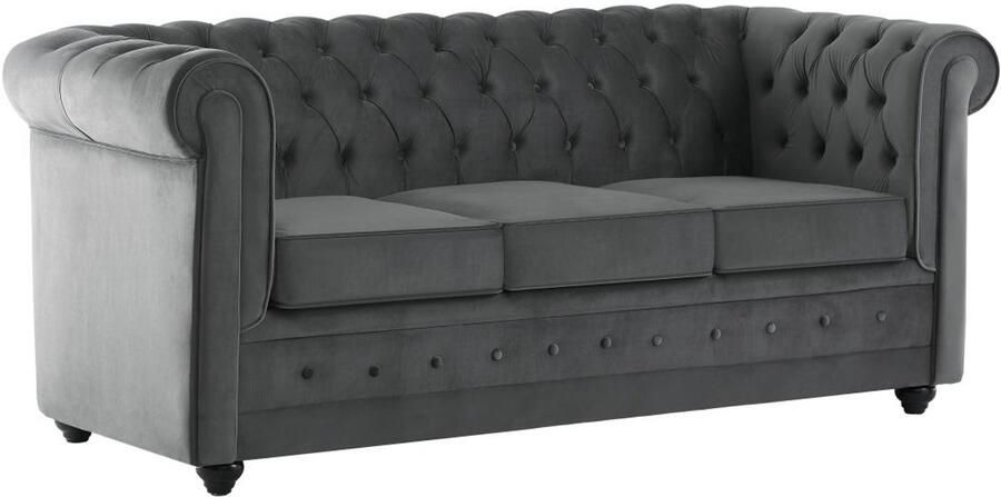 Vente-unique Driezits slaapbank in antracietgrijs fluweel CHESTERFIELD