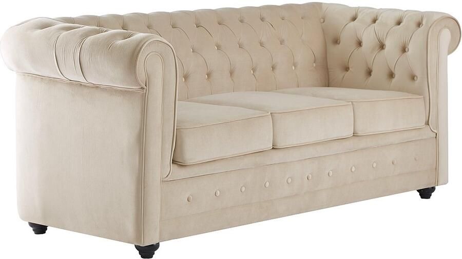 Vente-unique Driezits slaapbank in beige fluweel CHESTERFIELD - Foto 3