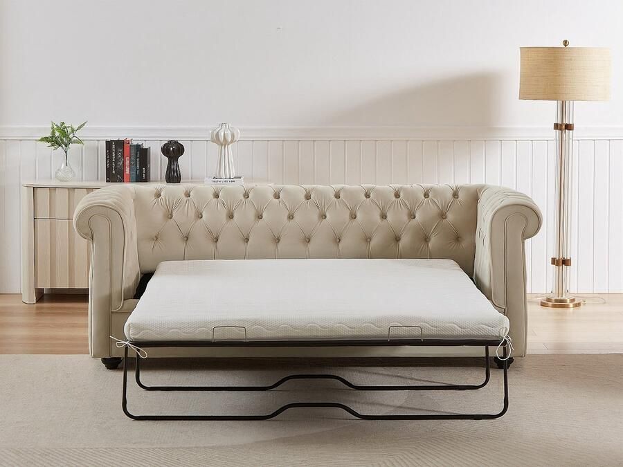 Vente-unique Driezits slaapbank in beige fluweel CHESTERFIELD - Foto 2