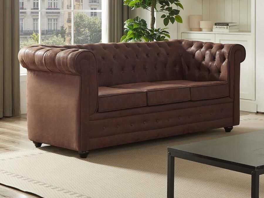 Vente-unique Driezits-slaapbank van microvezel met verouderd leereffect CHESTERFIELD L 204 cm x H 85 cm x D 89 cm - Foto 2