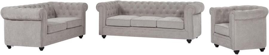 Vente-unique Driezits tweezits en fauteuil in grijze stof CHESTERFIELD
