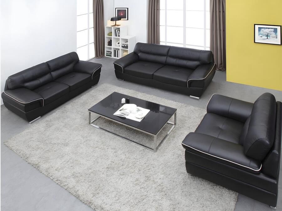 Vente-unique Driezits- tweezitsbank en fauteuil van leer THIBAULT zwart L 210 cm x H 87 cm x D 93 cm