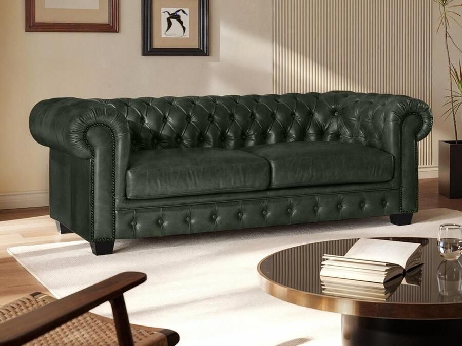 Vente-unique Driezitsbank Chesterfield BRENTON 100% buffelleer empire groen L 201 cm x H 73 cm x D 96 cm