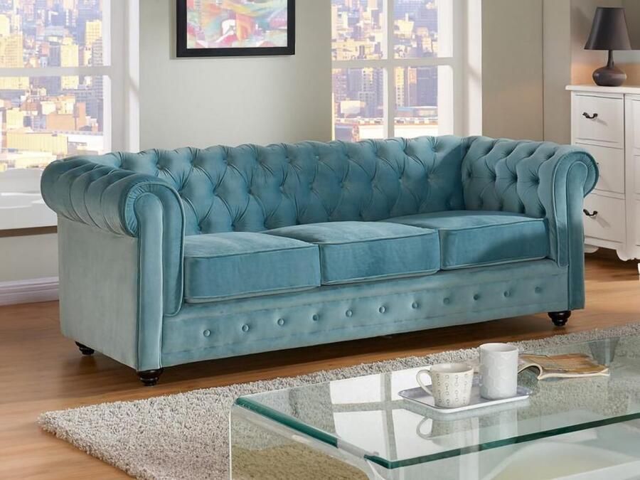 Vente-unique Driezitsbank CHESTERFIELD velours pastelblauw L 205 cm x H 72 cm x D 88 cm - Foto 2