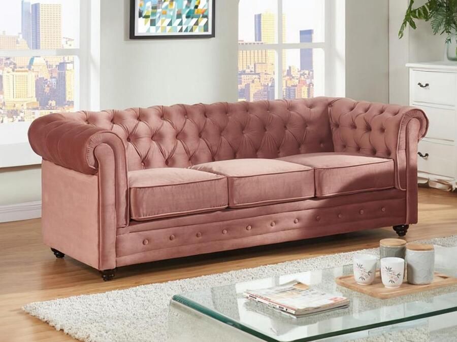 Vente-unique Driezitsbank CHESTERFIELD velours pastelroze L 205 cm x H 72 cm x D 88 cm
