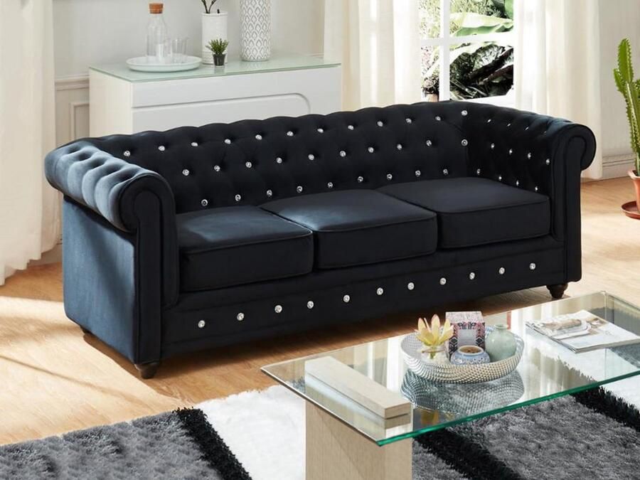 Vente-unique Driezitsbank CHESTERFIELD velours zwart met kristallen knopen L 205 cm x H 72 cm x D 88 cm