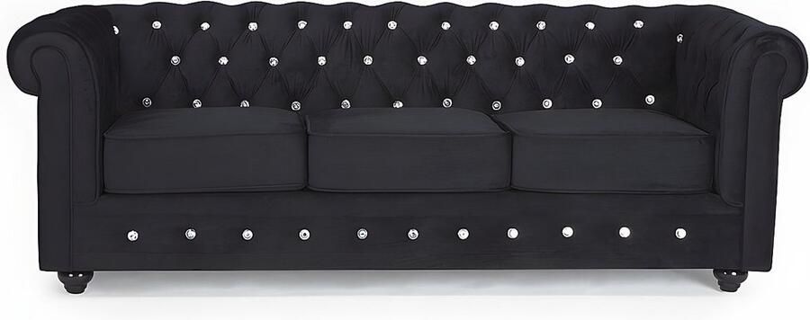 Vente-unique Driezitsbank CHESTERFIELD velours zwart met kristallen knopen L 205 cm x H 72 cm x D 88 cm - Foto 5