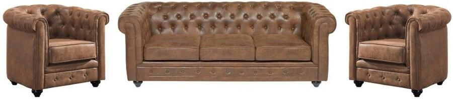 Vente-unique Driezitsbank en 2 fauteuils CHESTERFIELD van microvezel met vintage look L 205 cm x H 72 cm x D 88 cm