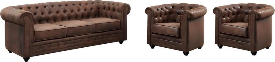 Vente-unique Driezitsbank en 2 fauteuils CHESTERFIELD van microvezel met vintage look L 205 cm x H 72 cm x D 88 cm - Foto 2