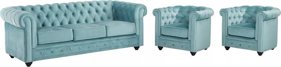Vente-unique Driezitsbank en 2 fauteuils CHESTERFIELD velours pastelblauw L 205 cm x H 72 cm x D 88 cm