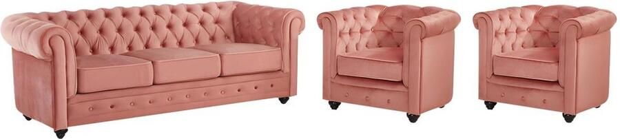 Vente-unique Driezitsbank en 2 fauteuils CHESTERFIELD velours pastelroze L 205 cm x H 72 cm x D 88 cm