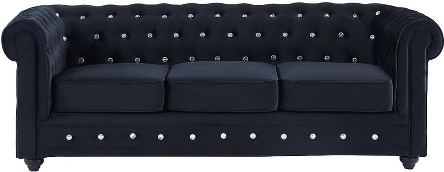 Vente-unique Driezitsbank en fauteuil CHESTERFIELD velours zwart met kristallen knopen L 205 cm x H 72 cm x D 88 cm - Foto 4