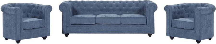Vente-unique Driezitsbank en 2 fauteuils in blauwe stof CHESTERFIELD