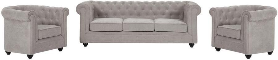 Vente-unique Driezitsbank en 2 fauteuils in grijze stof CHESTERFIELD