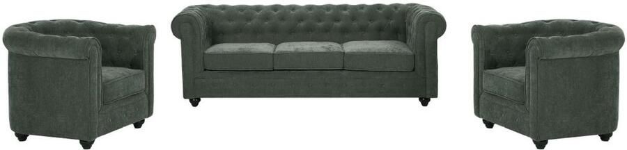 Vente-unique Driezitsbank en 2 fauteuils in groene stof CHESTERFIELD