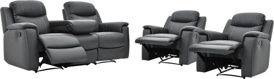 Vente-unique Driezitsbank en 2 relaxfauteuils EVASION van leer grijs L 205 cm x H 100 cm x D 96 cm