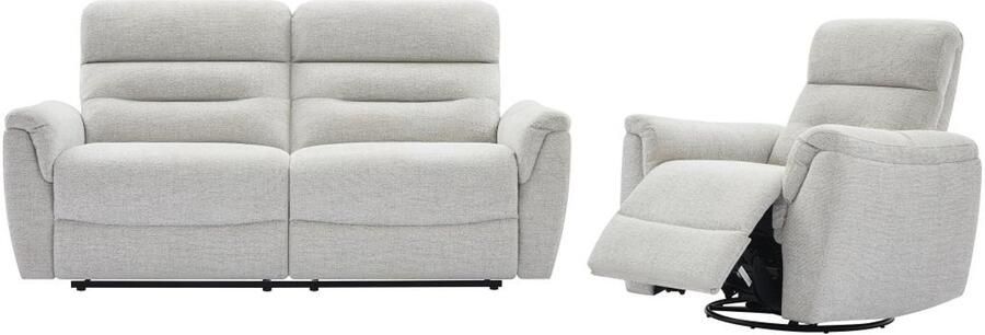 Vente-unique Driezitsbank en elektrische relaxfauteuil in lichtgrijs gestructureerde stof BREVIO L 193 cm x H 101 cm x D 91 cm