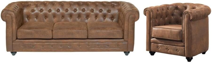 Vente-unique Driezitsbank en fauteuil CHESTERFIELD van microvezel met vintage look L 205 cm x H 72 cm x D 88 cm - Foto 3