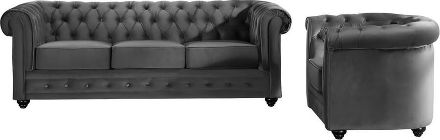 Vente-unique Driezitsbank en fauteuil CHESTERFIELD velours antraciet L 205 cm x H 72 cm x D 88 cm