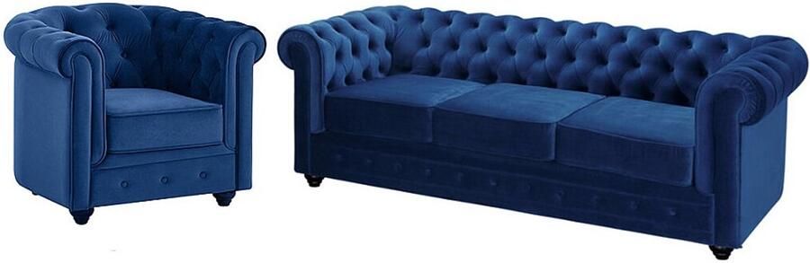 Vente-unique Driezitsbank en fauteuil CHESTERFIELD fluweel konings blauw L 205 cm x H 72 cm x D 88 cm - Foto 2