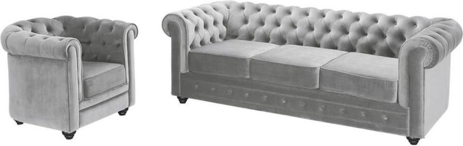 Vente-unique Driezitsbank en fauteuil CHESTERFIELD velours lichtgrijs L 205 cm x H 72 cm x D 88 cm