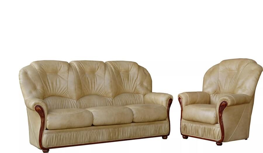 Vente-unique Driezitsbank en fauteuil DAPHNE van 100% buffel leer beige L 183 cm x H 97 cm x D 91 cm