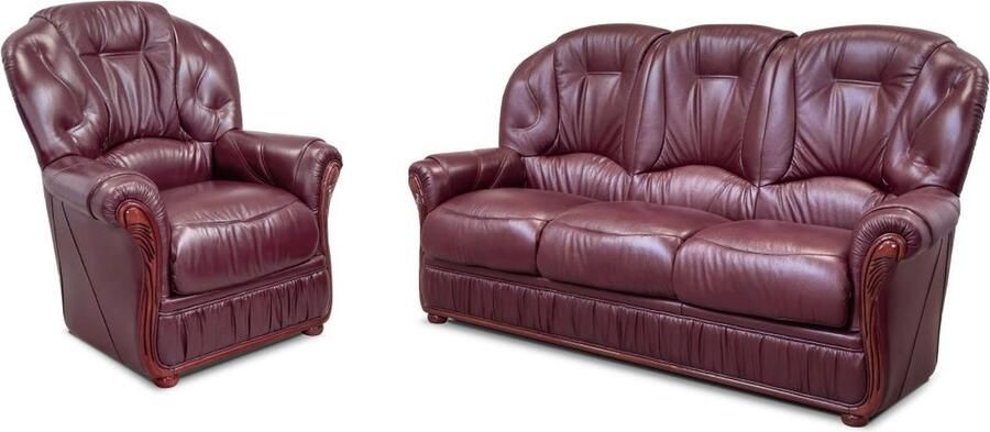 Vente-unique Driezitsbank en fauteuil DAPHNE van 100% buffel leer bordeaux rood L 183 cm x H 97 cm x D 91 cm