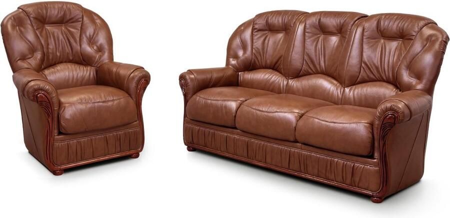 Vente-unique Driezitsbank en fauteuil DAPHNE van 100% buffel leer bruin L 183 cm x H 97 cm x D 91 cm