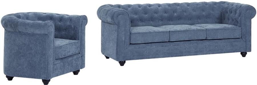 Vente-unique Driezitsbank en fauteuil in blauwe stof CHESTERFIELD