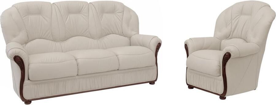 Vente-unique Driezitsbank en fauteuil van 100% ivoorkleurig buffelleer DAPHNE L 183 cm x H 97 cm x D 91 cm