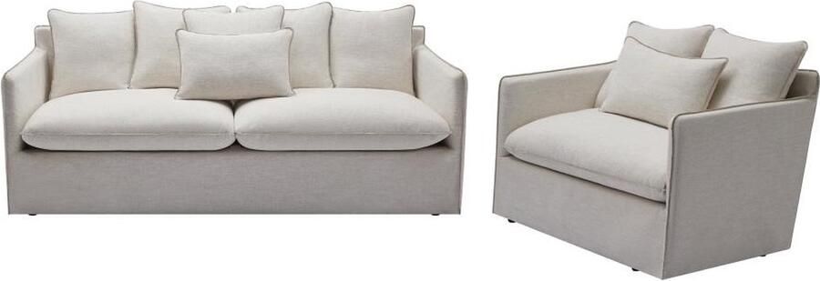 Vente-unique Driezitsbank en fauteuil van beige gechineerde stof MASLINO van Maison Céphy L 216 cm x H 87 cm x D 93 cm