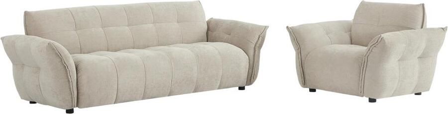 Vente-unique Driezitsbank en fauteuil van beige gechineerde stof NAPIZO L 228 cm x H 79 cm x D 89 cm