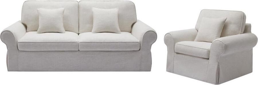 Vente-unique Driezitsbank en fauteuil van beige gechineerde stof ZULIPRO van Maison Céphy L 215 cm x H 88 cm x D 100 cm