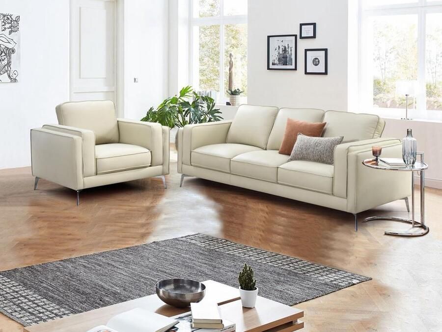Vente-unique Driezitsbank en fauteuil van beige leer LECCO L 222 cm x H 85 cm x D 94 cm