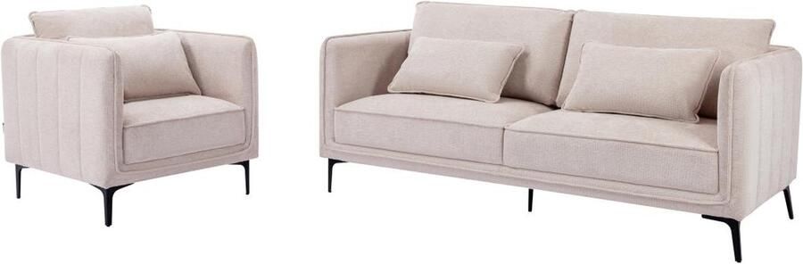 Vente-unique Driezitsbank en fauteuil van beige stof TORMELDA L 194 cm x H 86 cm x D 80 cm