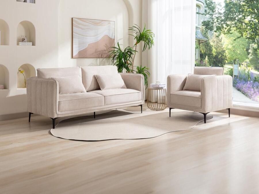 Vente-unique Driezitsbank en fauteuil van beige stof TORMELDA L 194 cm x H 86 cm x D 80 cm - Foto 2