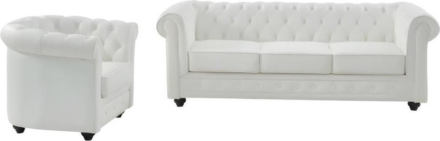 Vente-unique Driezitsbank en fauteuil van buffelleer CHESTERFIELD Wit L 205 cm x H 72 cm x D 88 cm